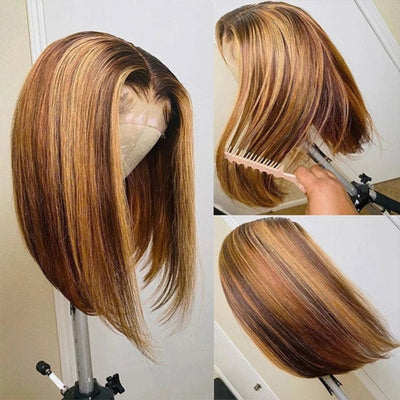 Snv Highlight honey Blonde #4/27 Bob straight Wigs 13x4 4x4 Lace front Wigs Human Hair  Pre Plucked Ready To Wear