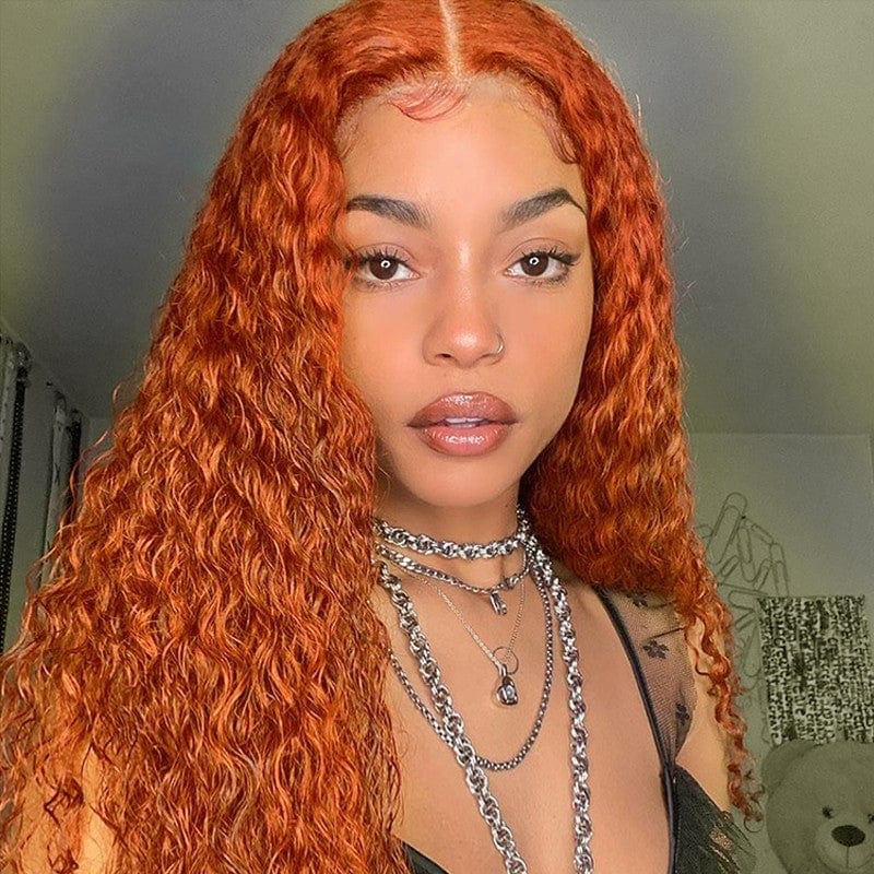 Snv Ginger Orange colored wig Water Wave human hair 13x4 Lace Front wig 180% Density