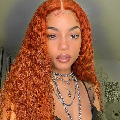 Snv Ginger Orange colored wig Water Wave human hair 13x4 Lace Front wig 180% Density