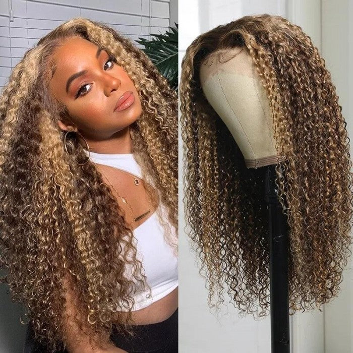 Snv 13x4 Lace Front Wigs  Jerry Curly Wigs Honey Blond Highlight Color With Baby Hair 180% density