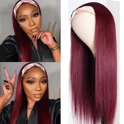 Snv 99j colored wigs Glueless Headband Wigs straight Human Hair Wigs For Beginners 180% Density Wigs