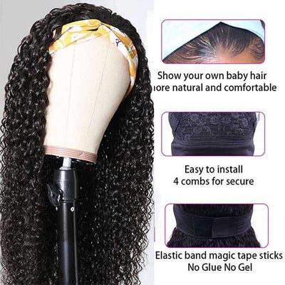 Snv Glueless Wig Kinky Curly Human Hair Wigs No Glue Silk Scarf Headband Wigs For Beginners 180% Density