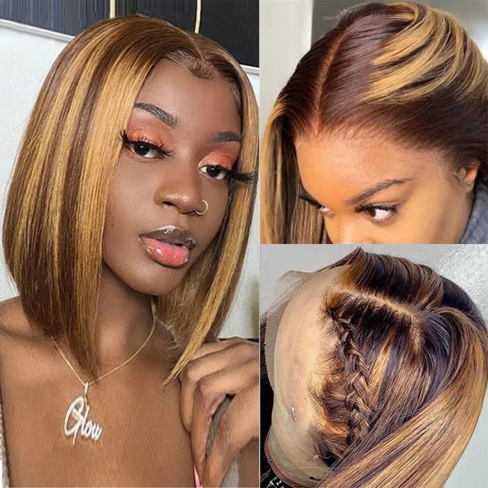 Snv Highlight honey Blonde #4/27 Bob straight Wigs 13x4 4x4 Lace front Wigs Human Hair  Pre Plucked Ready To Wear