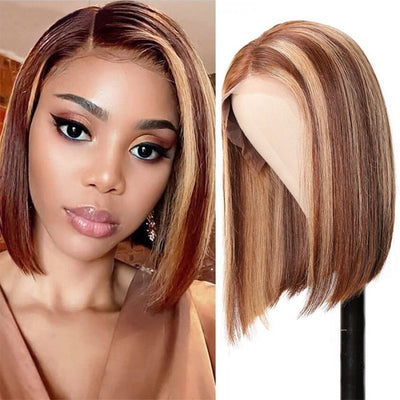 Snv Highlight honey Blonde #4/27 Bob straight Wigs 13x4 4x4 Lace front Wigs Human Hair  Pre Plucked Ready To Wear