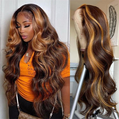 Snv Highlight Honey Blonde Body Wave human hair wig 13×4 4x4 Lace Front Wigs 180% density