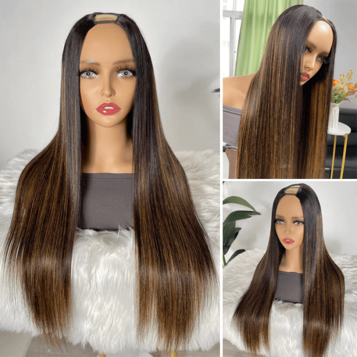 Snv Highlights With Brown Straight Wig U Part wigs For Beginners 180% density