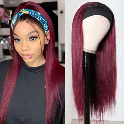 Snv 99j colored wigs Glueless Headband Wigs straight Human Hair Wigs For Beginners 180% Density Wigs