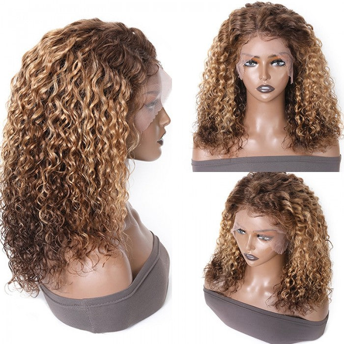 Snv Short bob Wig Highlight  color Water Wave human hair 13×4 4x4 Lace Front Wig180% Density