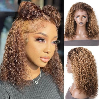 Snv Short bob Wig Highlight  color Water Wave human hair 13×4 4x4 Lace Front Wig180% Density