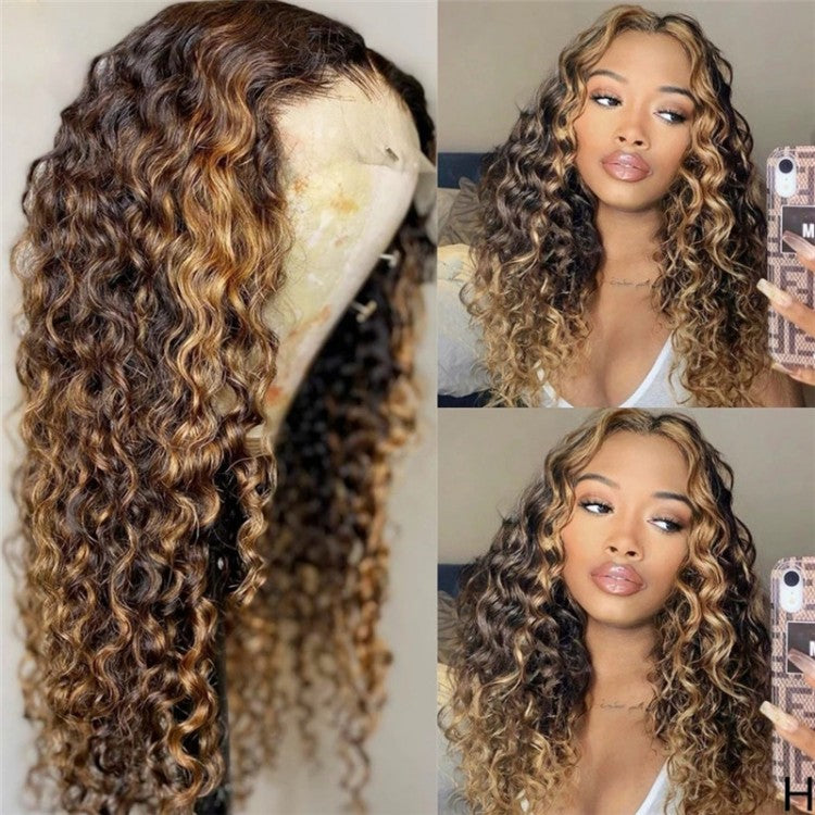 Snv 13x4 Lace Front Wigs  Jerry Curly Wigs Honey Blond Highlight Color With Baby Hair 180% density