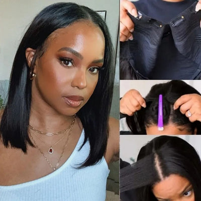 Snv V Part Wig Human Hair Straight Short Bob Wigs For Black Women No Glue No Sewing Natural Hairline Beginner Friendly