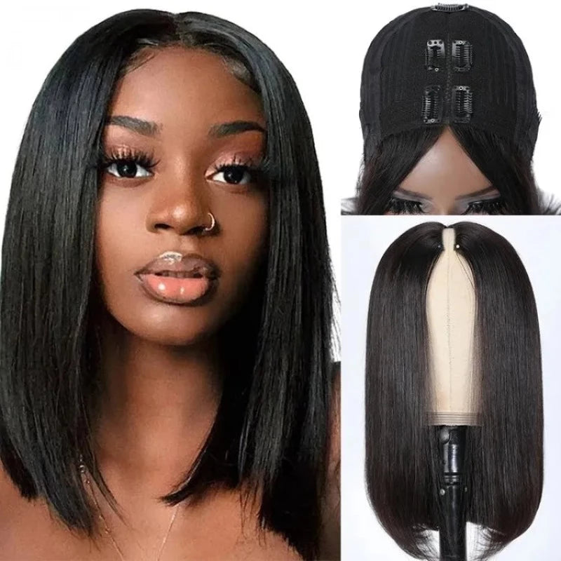 Snv V Part Wig Human Hair Straight Short Bob Wigs For Black Women No Glue No Sewing Natural Hairline Beginner Friendly