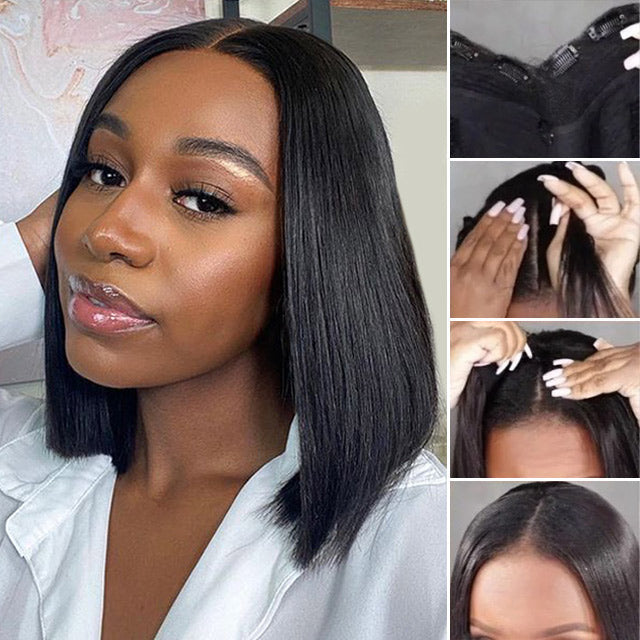 Snv V Part Wig Human Hair Straight Short Bob Wigs For Black Women No Glue No Sewing Natural Hairline Beginner Friendly